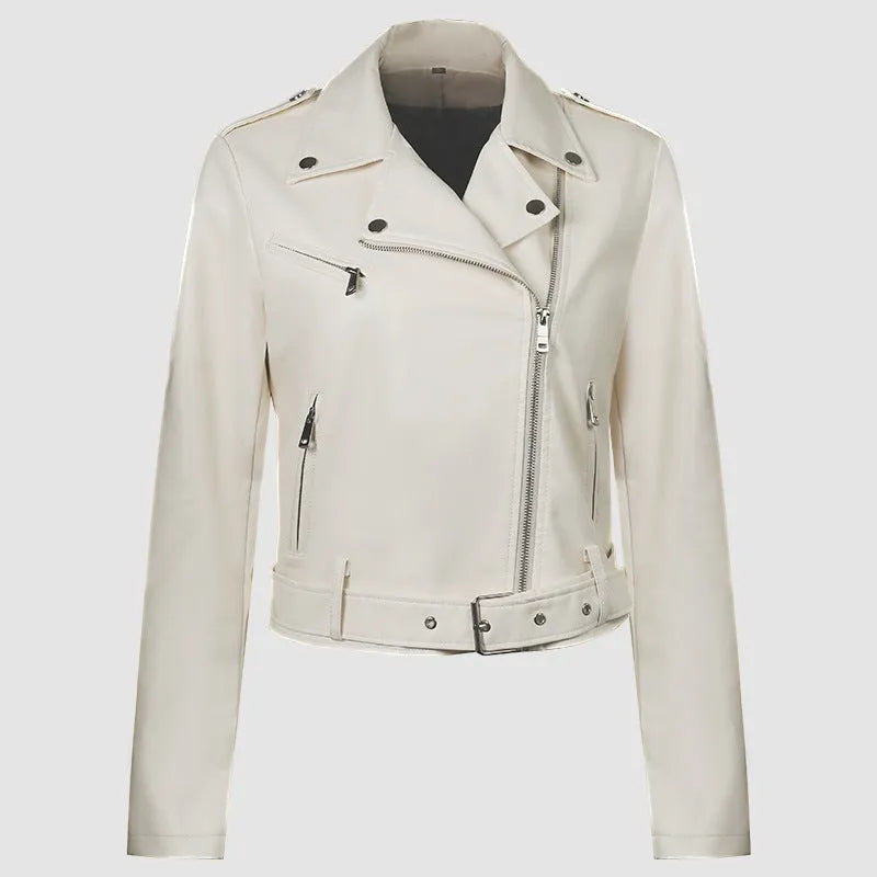 Women's short PU leather motorcycle jacket with belt in black, red, milky white, and dark brown colours showing lapel collar and regular fit.