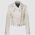 Women's short PU leather motorcycle jacket with belt in black, red, milky white, and dark brown colours showing lapel collar and regular fit.