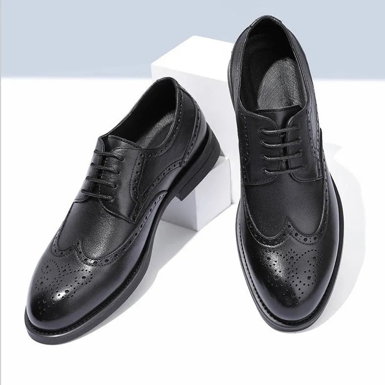 Men's black and brown brogue shoes with traditional perforated patterns, business style with PU leather upper