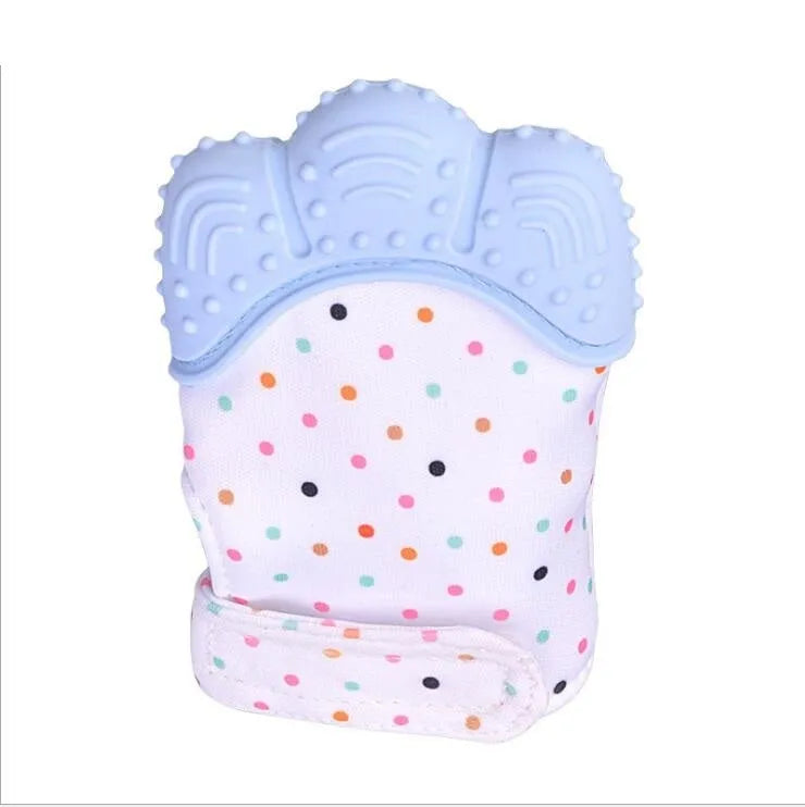 Silicone baby teether glove with Velcro strap in blue colour