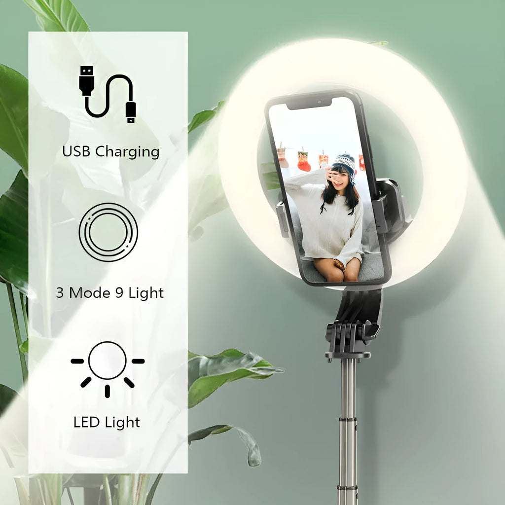 Black aluminium alloy selfie stick tripod with 5-inch ring fill light holding a smartphone, extended to show pole height