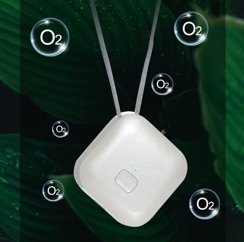 USB portable air purifier necklace in blue, pink, grey or white colour options.