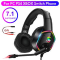 Black gaming headset with 3D surround sound, noise cancelling microphone, 50mm driver, and colourful lights.