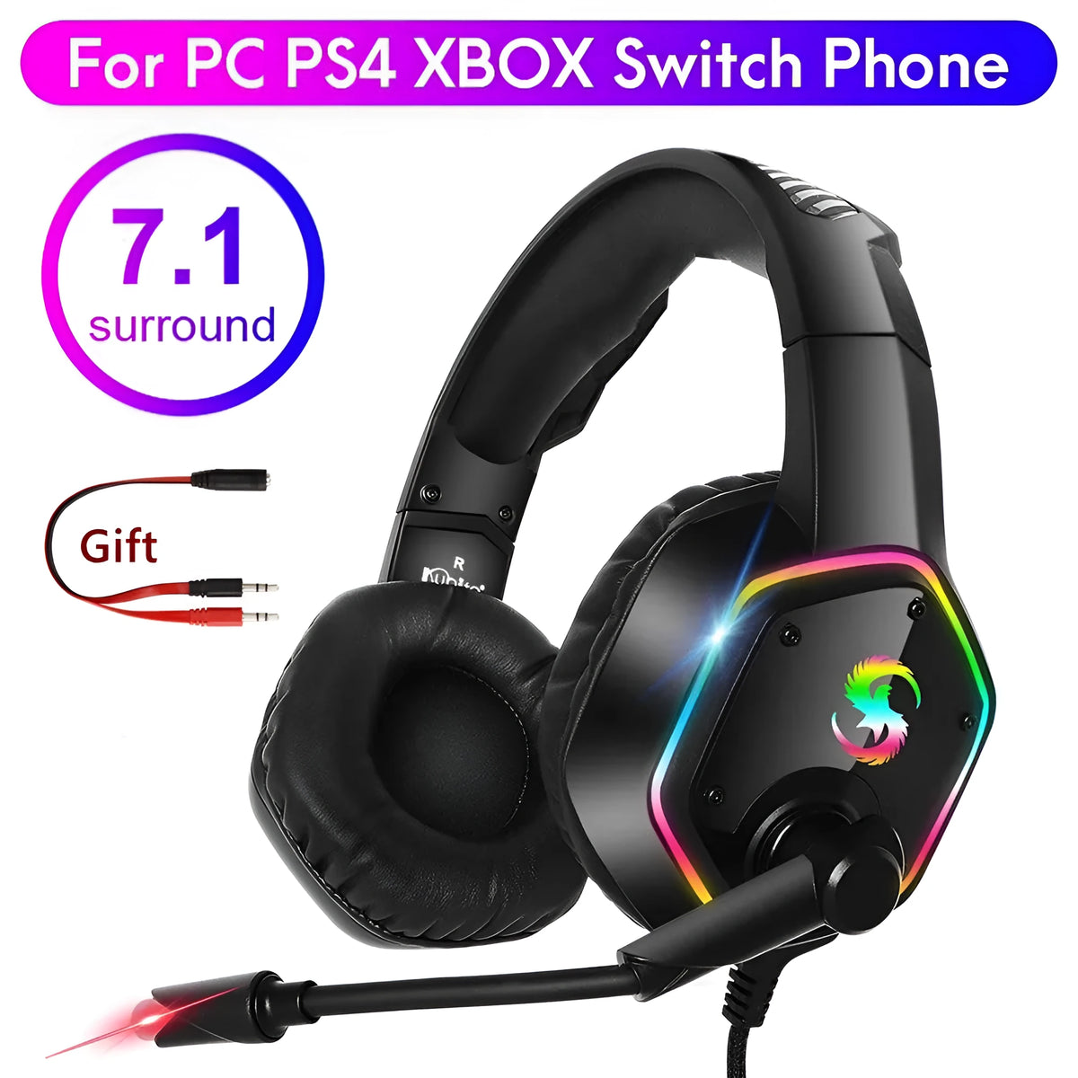 Black gaming headset with 3D surround sound, noise cancelling microphone, 50mm driver, and colourful lights.