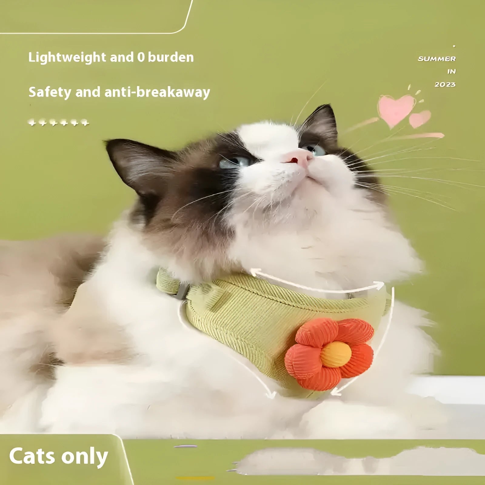 Cat pulling rope vest style harness in light green for going out with cat