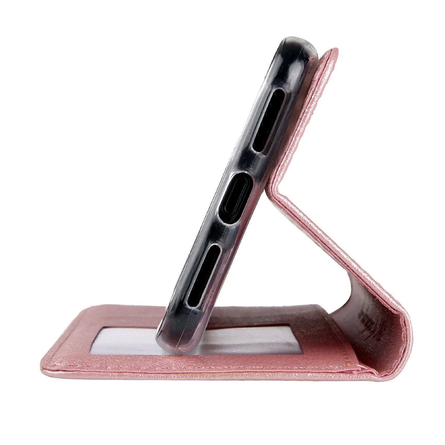 Black PU leather flip case for iPhone shown open, revealing interior card slot and phone cradle.
