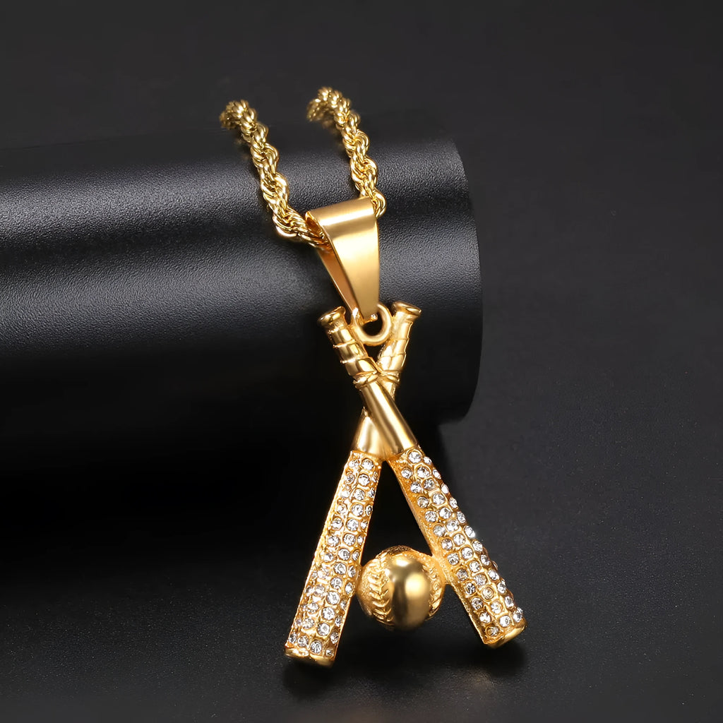Gold alloy baseball bat pendant necklace for men with diamond processing finish and baseball design
