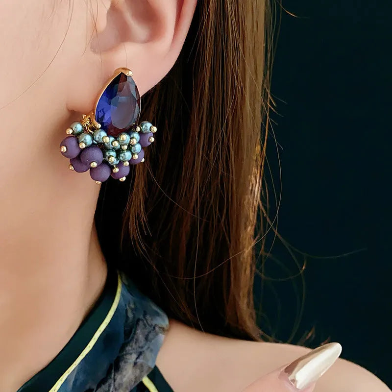 Retro alloy zircon tassel earrings in purple droplet colour with silver needle post