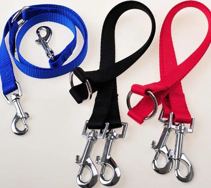 Double dog lead coupler in nylon, available in black, blue, purple, and red, sizes small medium large, 45cm length