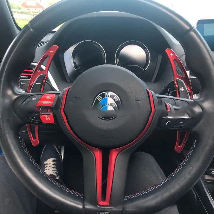 Pair of BMW paddle shift extenders in Black, Blue, Red, or Silver with 3M glue and screws