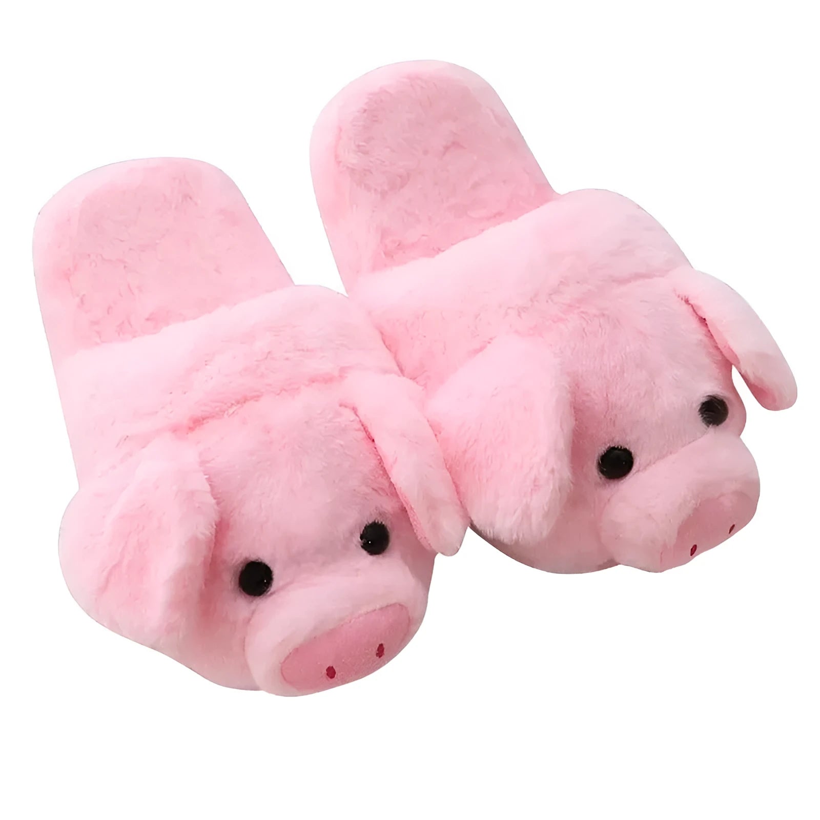 Pink plush pig face design floor slippers on a white background.