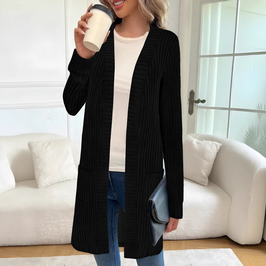 Long sleeve loose fit knitted cardigan jacket with pockets shown in black, grey, or wine red.