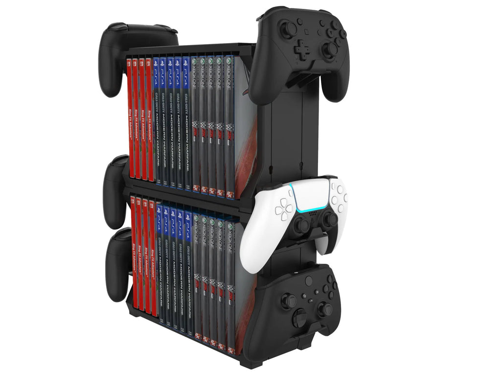 Black PS5 disc holder and stand with slots for game cartridges and four controller docks