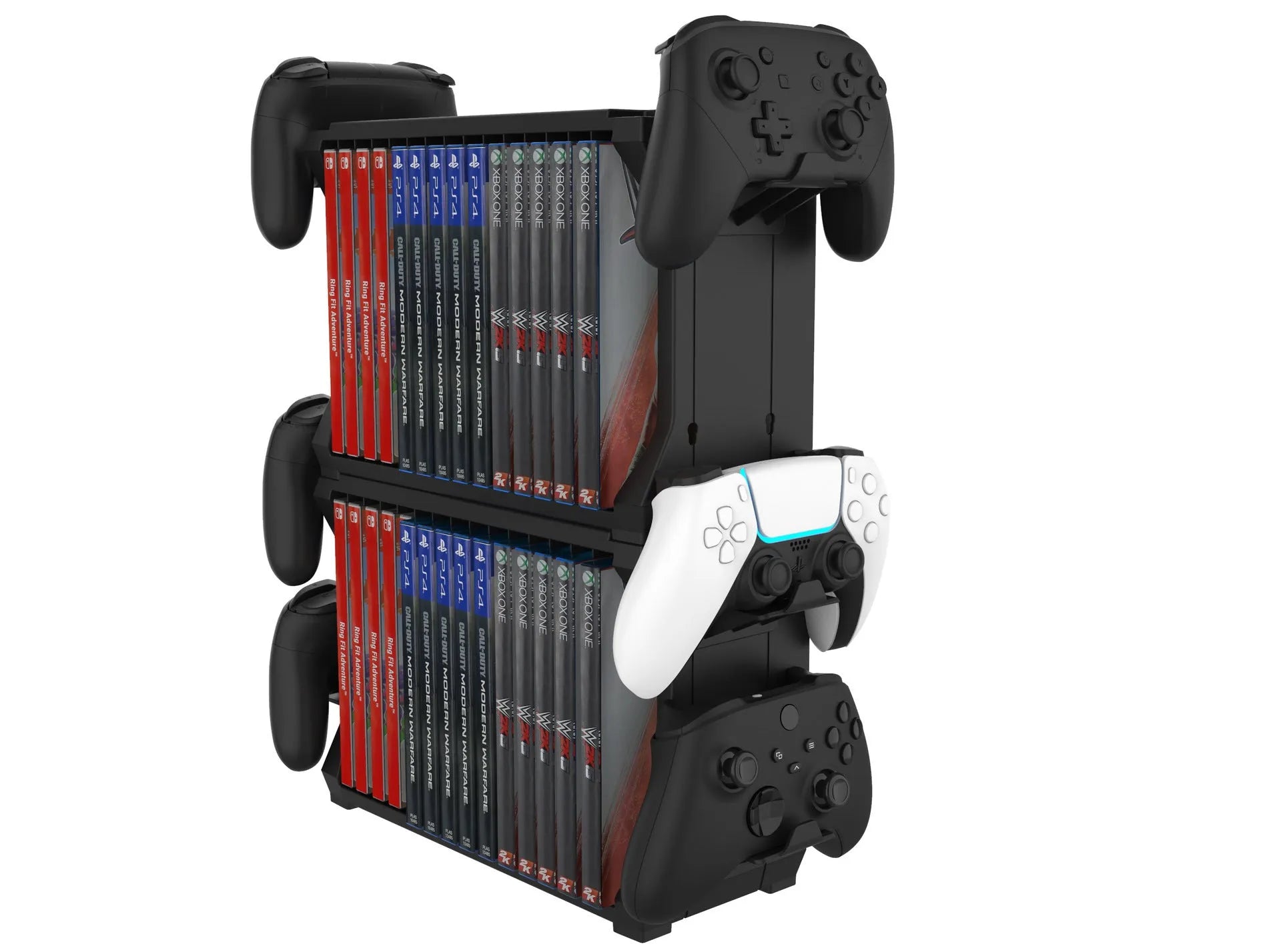 Black PS5 disc holder and stand with slots for game cartridges and four controller docks