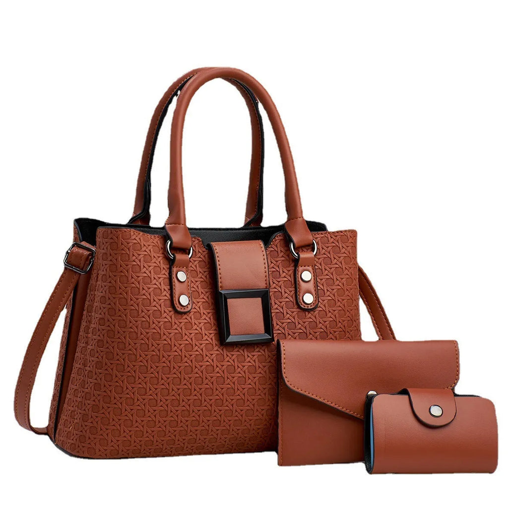 Three-piece women's crossbody bag set in textured PU leather with square vertical shape