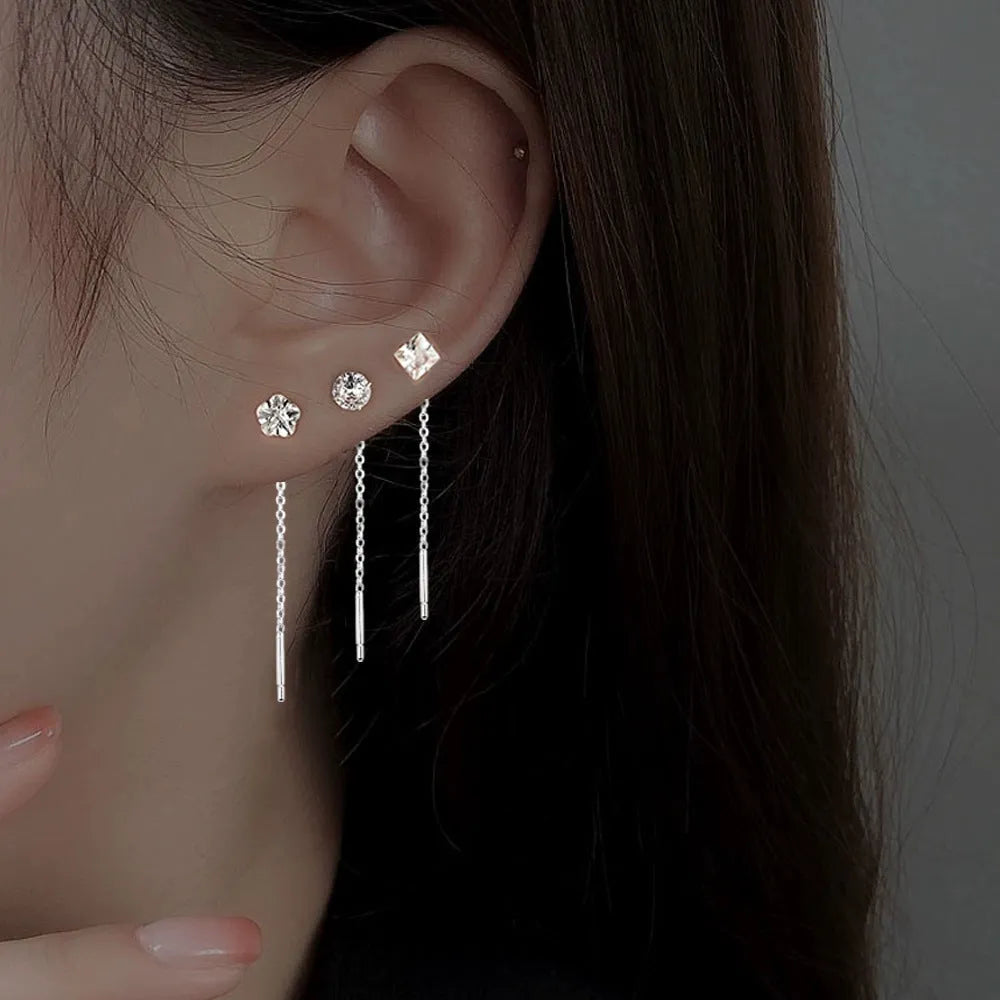 Geometric square zircon tassel single diamond round XINGX earrings for women in copper Korean style