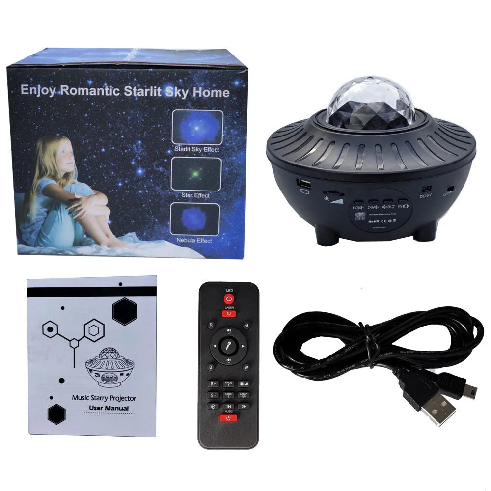 LED Bluetooth music projector light with starry sky effect, green laser, remote control, and USB cable