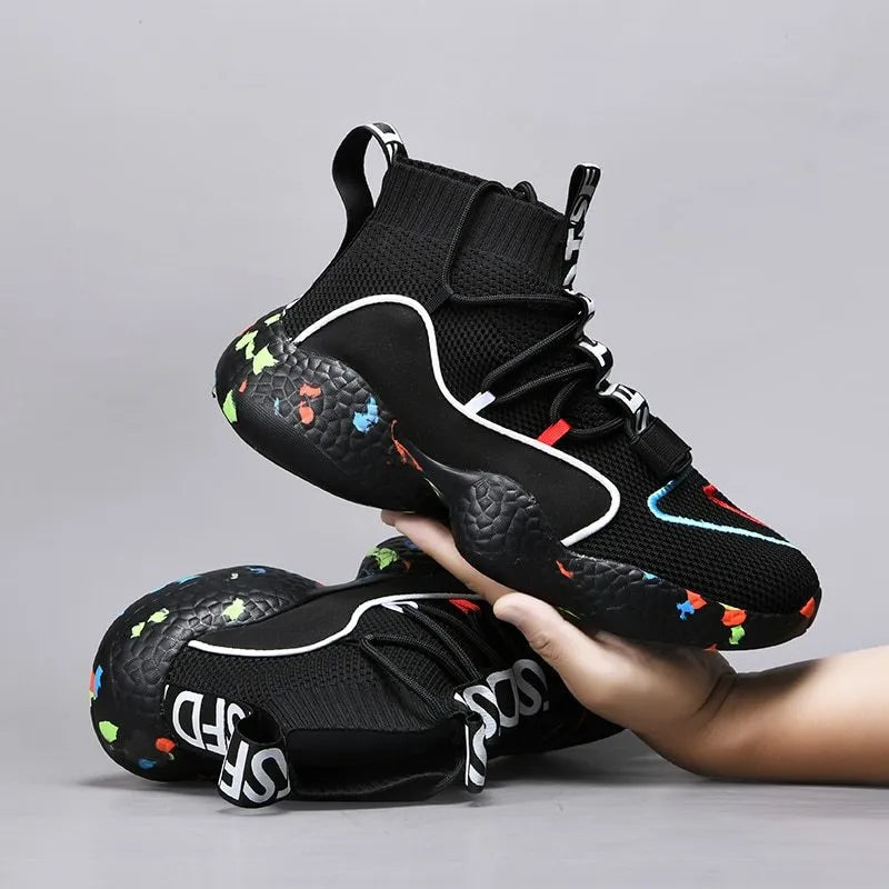 Men's camouflage pattern sneakers with mesh upper and rubber sole in black or white.