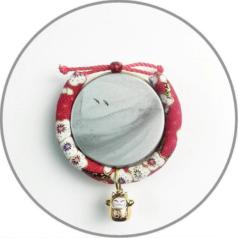 Cat collar with small Japanese bell made from cotton, linen, and copper, available in Black big flower and Red plum