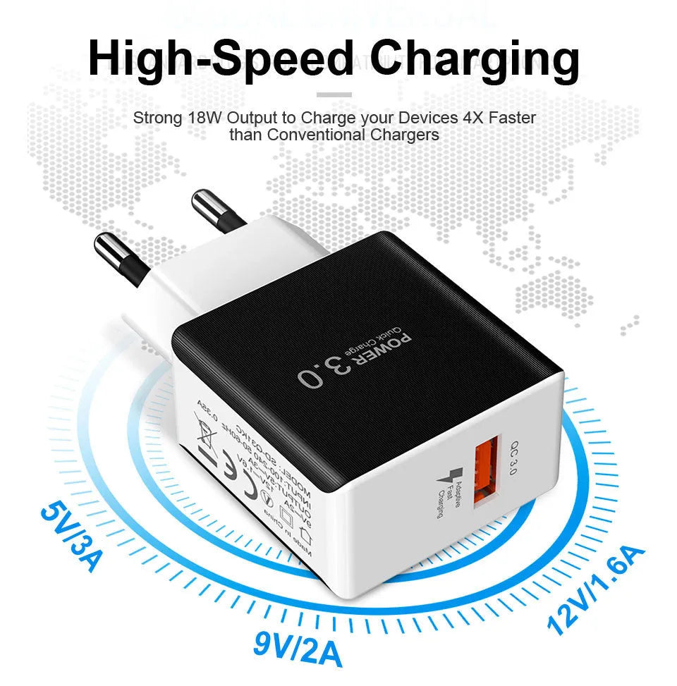 Black or white USB wall charger with EU plug, 18W Quick Charge 3.0, 2400 mA output