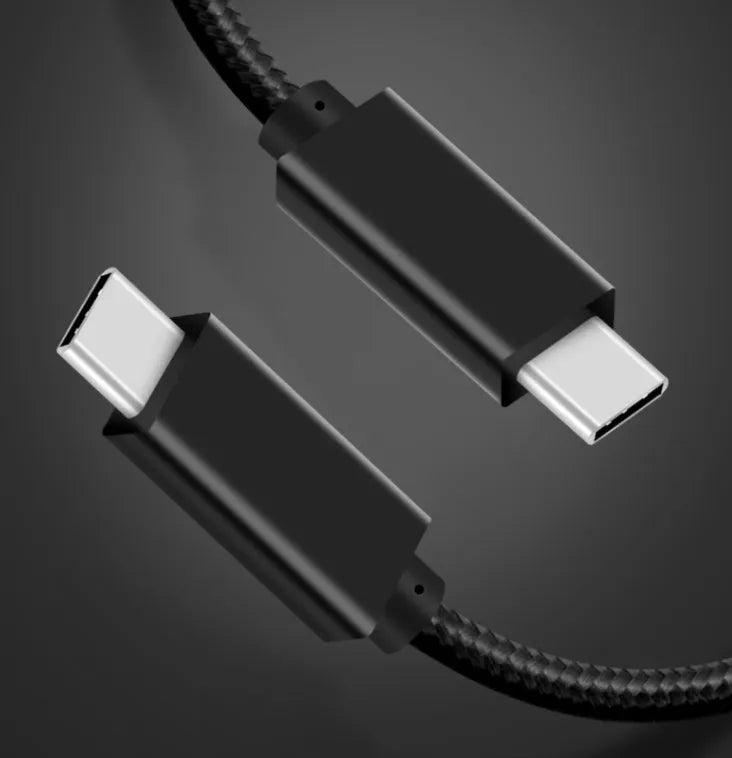 Black nylon braided USB-C data cable with metal shell, supporting 100W charging and 4K video output