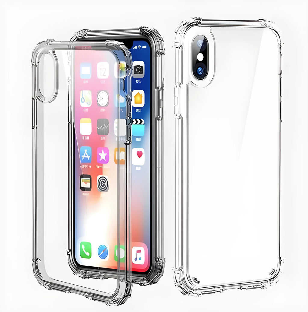 Transparent TPU mobile phone case for Apple iPhone, shown on a table.