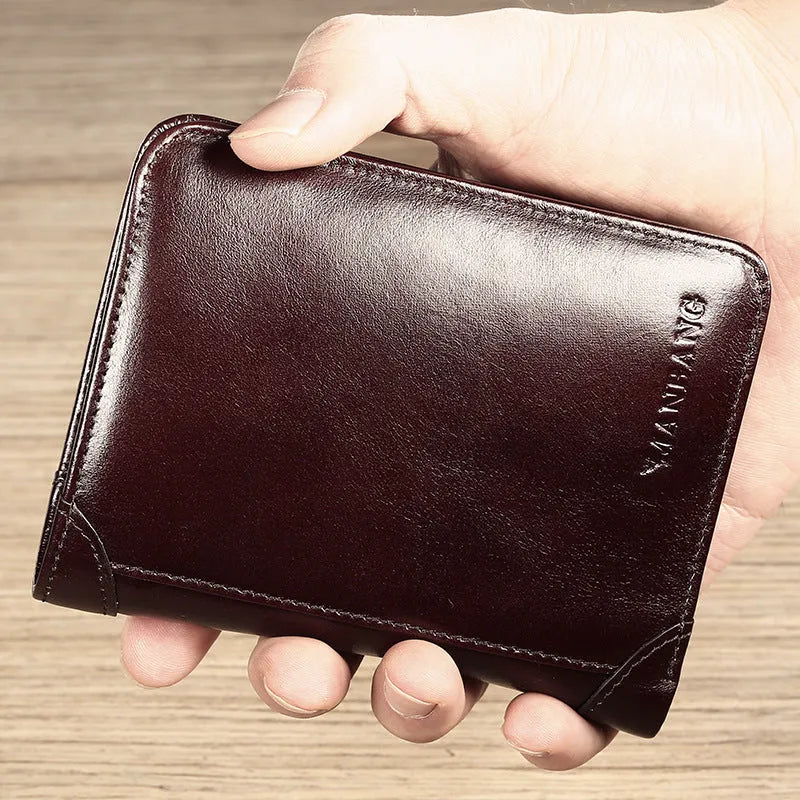 Men's leather wallet showing multiple internal compartments including photo slot and card holders
