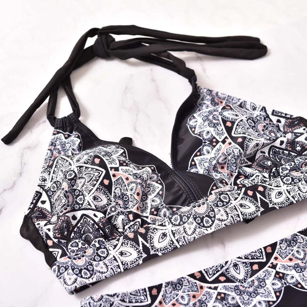 Black printed split bikini two-piece swimsuit with chest pad, nylon, sizes XL to 5XL