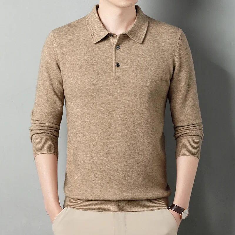 Winter wool lapel coat for men in camel colour, long sleeves, simple style, thickening fabric