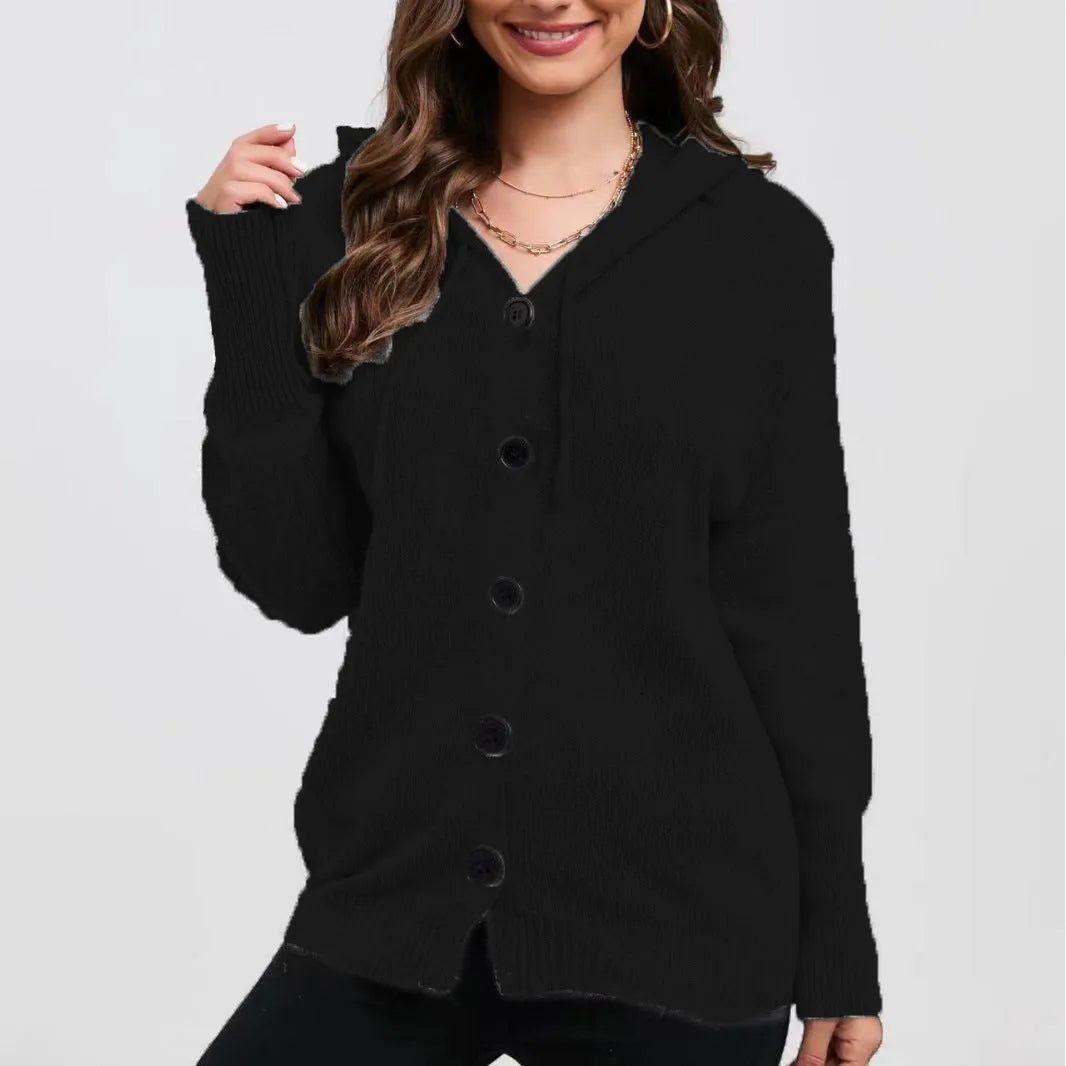 Women's thick cotton hooded cardigan sweater in army green colour showing loose fit and single-breasted design