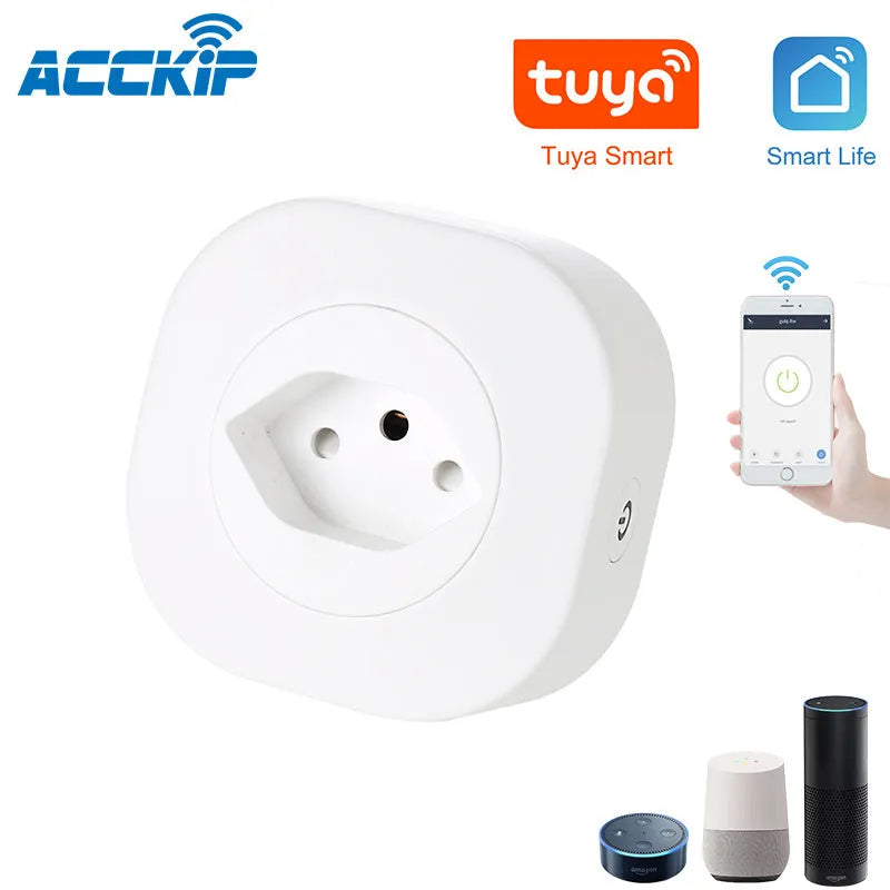 A white smart socket plug with WiFi voice control, showing EU plug pins.