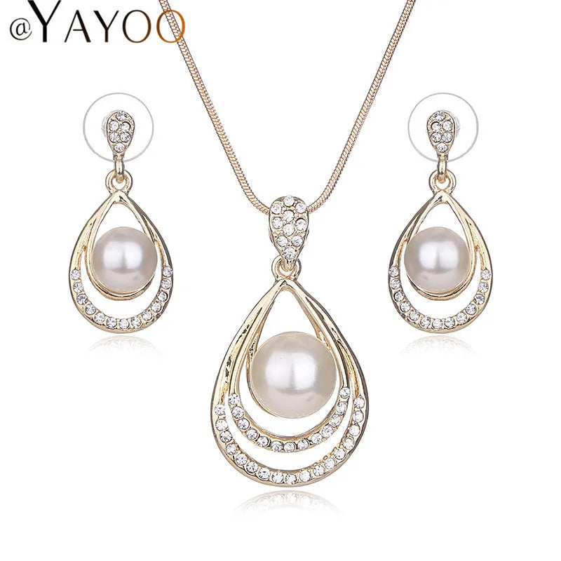 Simulated pearl necklace and earrings set for women in Gold or Silvery with waterdrop design