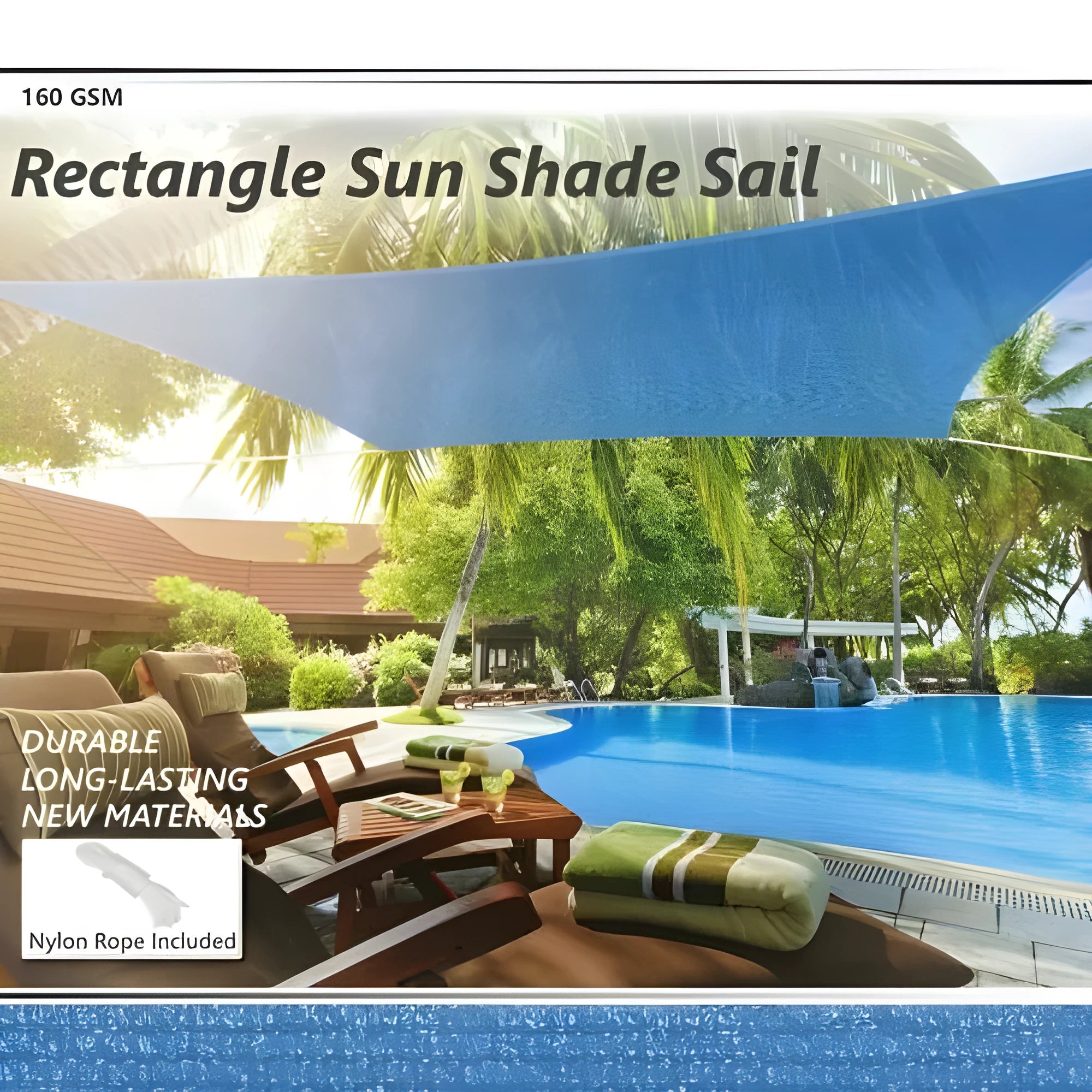 Blue polyester shade sail with curved square shape providing 3x4 metre outdoor coverage