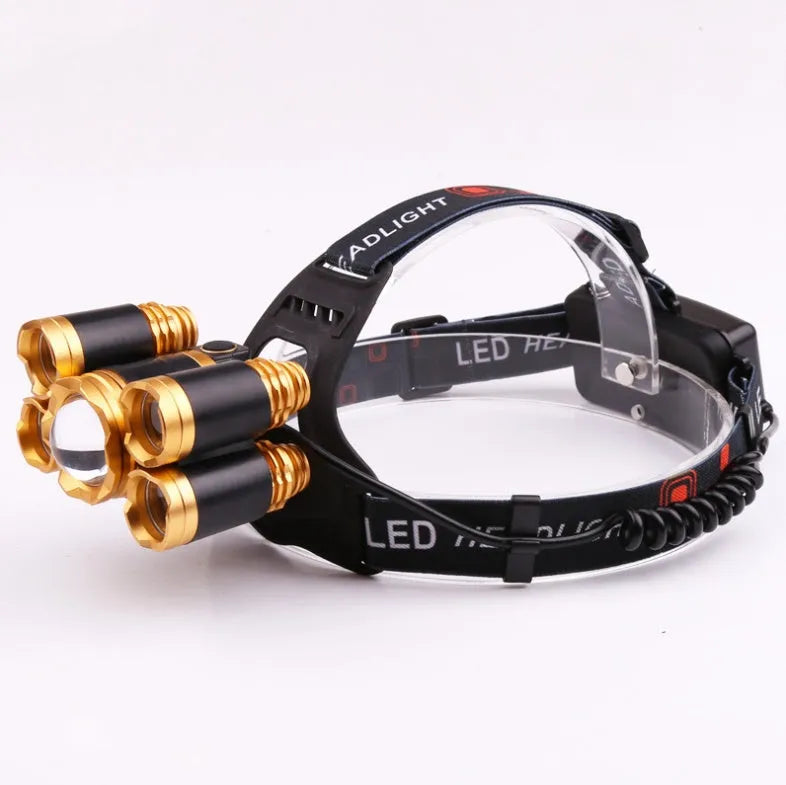 Gold LED head torch with adjustable headband, zoom lens, and sensor switch on the front housing.