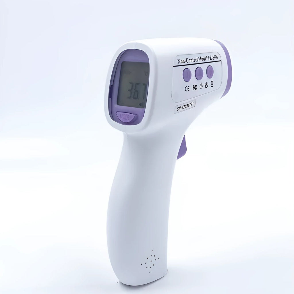 White handheld digital non-contact thermometer on a plain background.