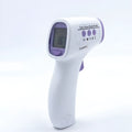 White handheld digital non-contact thermometer on a plain background.