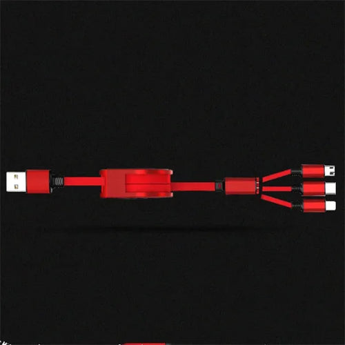 3-in-1 telescopic charging cable extended to show connectors with 120cm TPE cable and titanium alloy plugs.