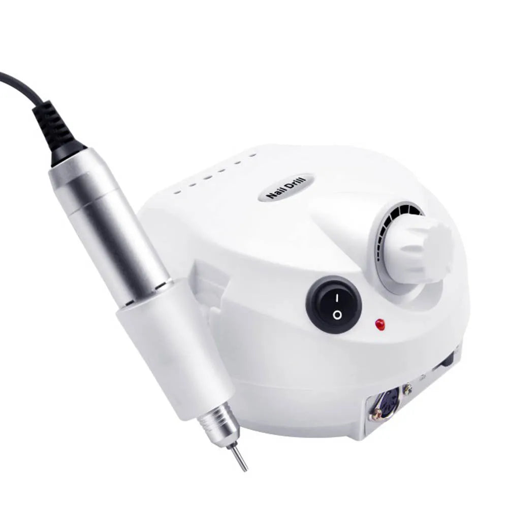 Nail 202 sander in pink with handpiece, foot switch, and grinding heads on a white background