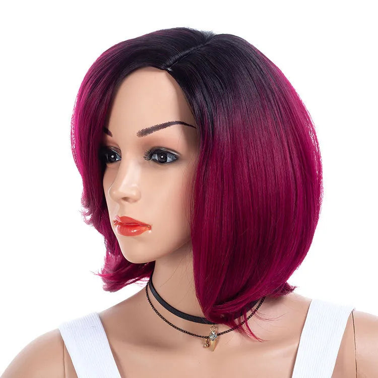 Gradient partial short curly wig in Wine Red showing high temperature wire hairline and 40cm length on a stand