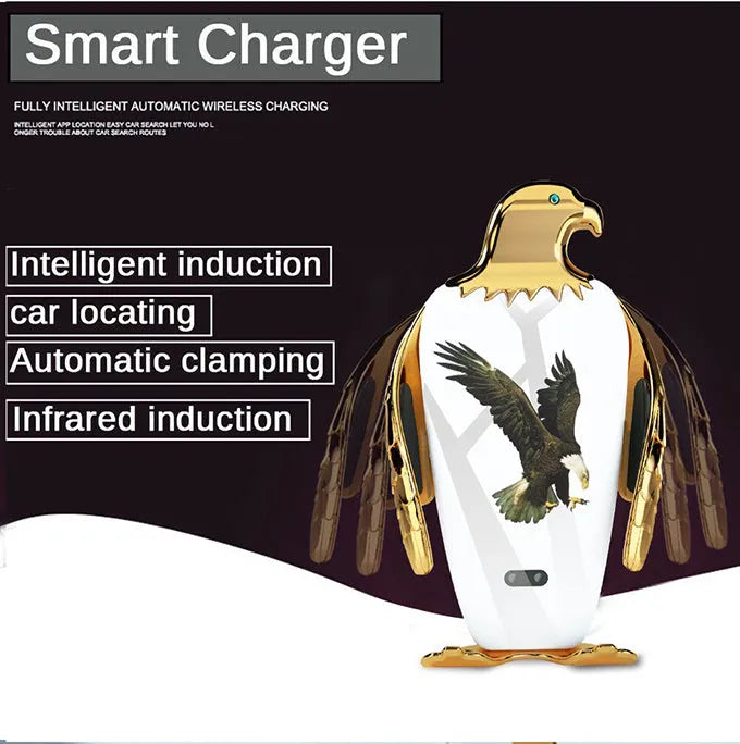 Eagle style wireless charging car phone holder with suction cup mount in black and gold colour.