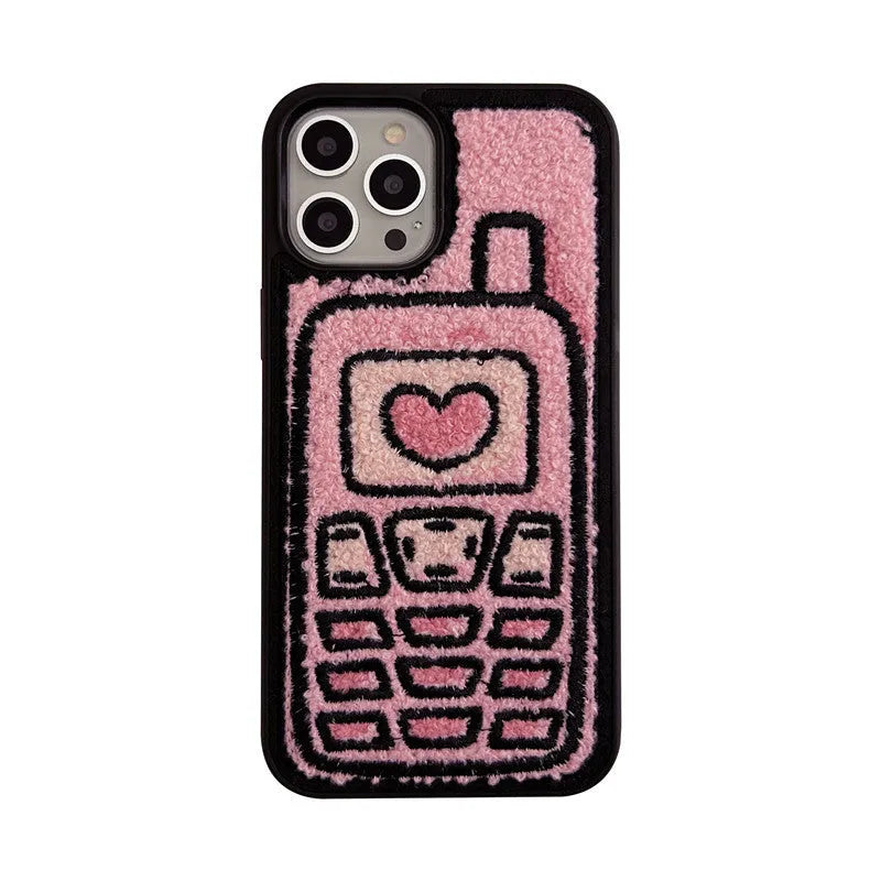 Pink TPU iPhone case with embroidered towel fabric design on back cover