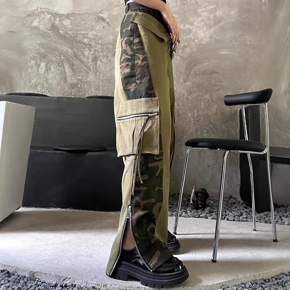 Women's dark khaki high waist jeans with a leopard print pattern and fake two-stitching tooling detail.