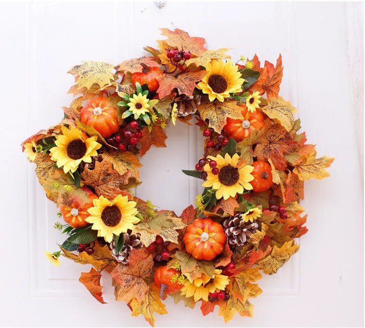 Autumn pumpkin wreath with fabric leaves, simulation pumpkins, berries, and pine cones on a vine ring, 50cm diameter