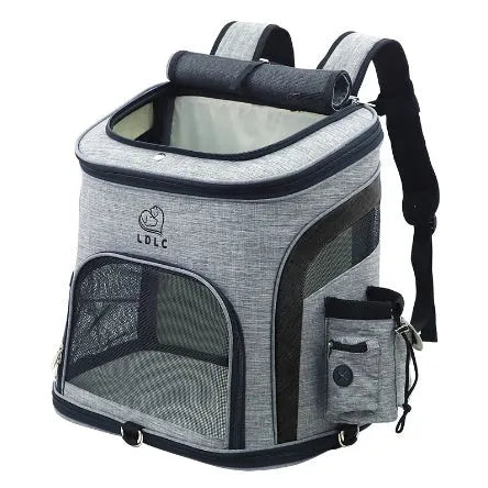 Breathable pet backpack in gray, showing mesh ventilation panels and zippered entry, for cats and dogs up to 20 kg