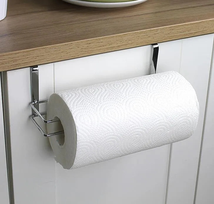 Silver stainless steel cabinet door towel rack measuring 26cm wide for roll paper storage