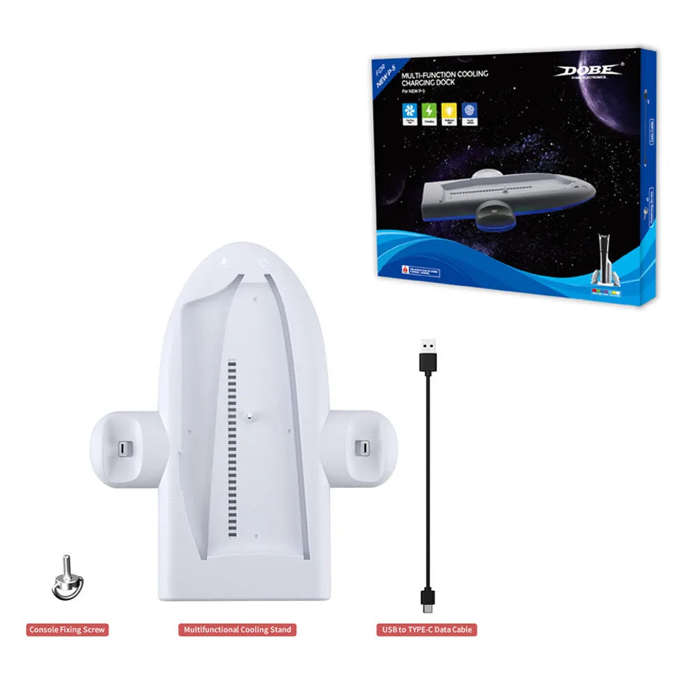 White PS5 Slim multi-function cooler pad charging base with RGB lights and fixed charger