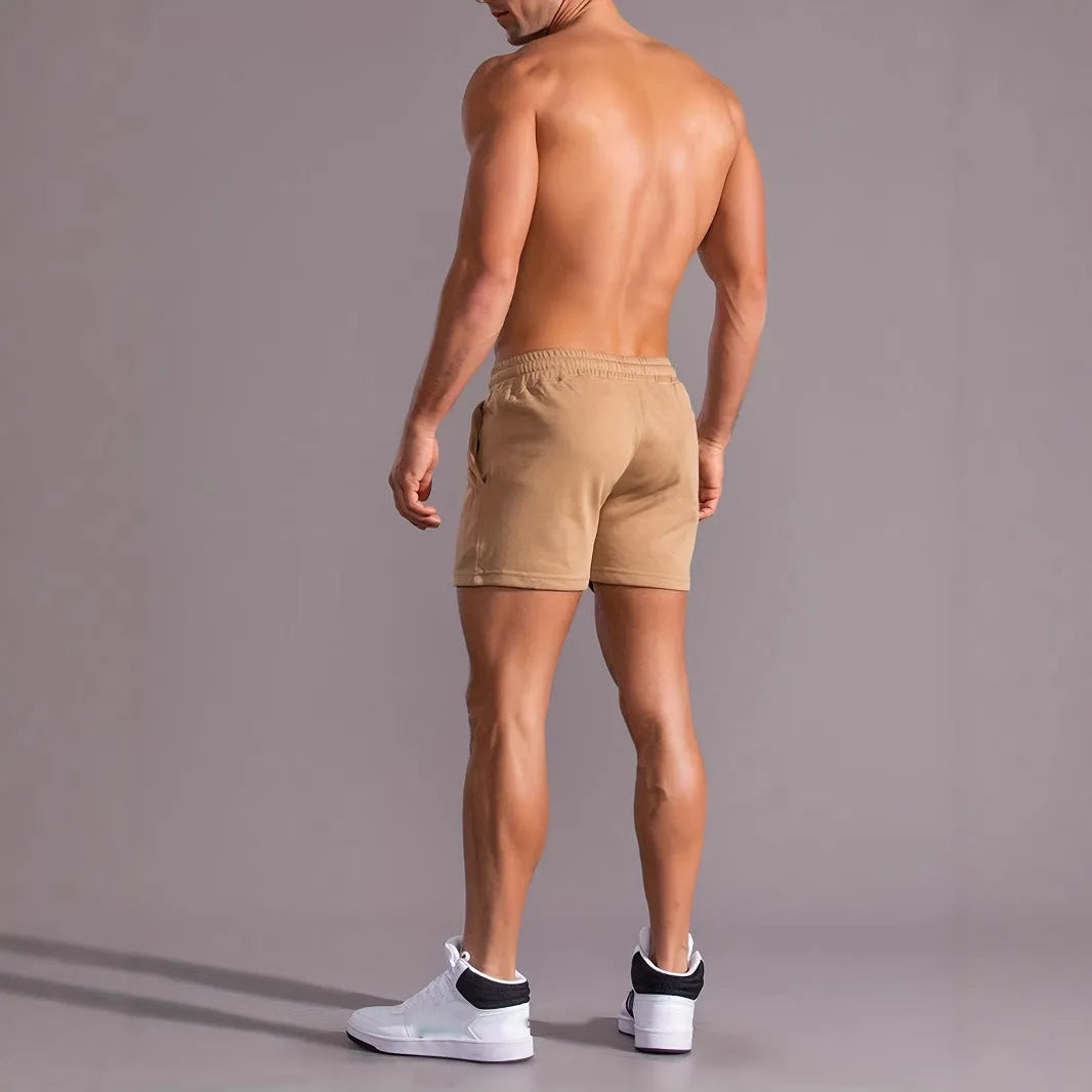 Men's khaki coconut print sports shorts with elastic waistband