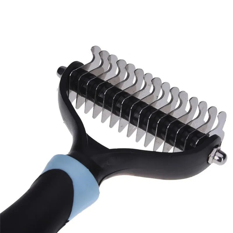 Blue pet dematting comb with stainless steel teeth and soft handle for dogs and cats
