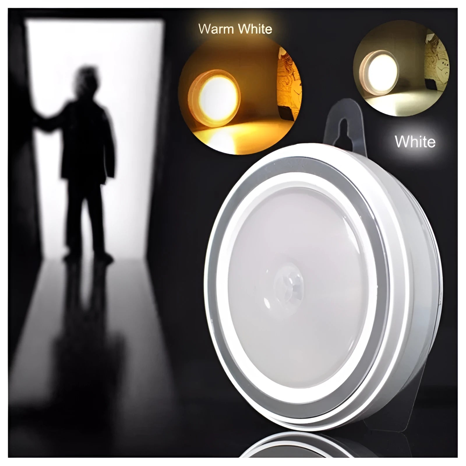 Circular white motion sensor LED light unit showing 80mm diameter on a table.