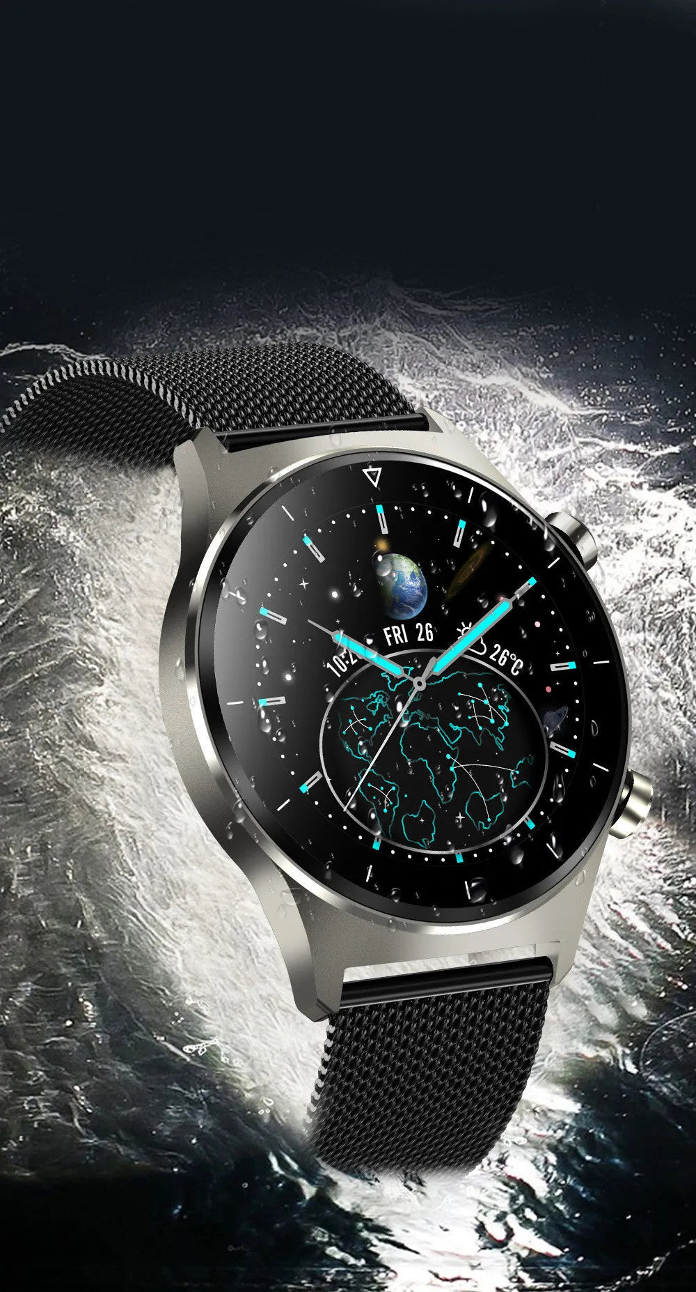 Black Bluetooth smart watch with alloy dial and silicone strap showing health tracking features